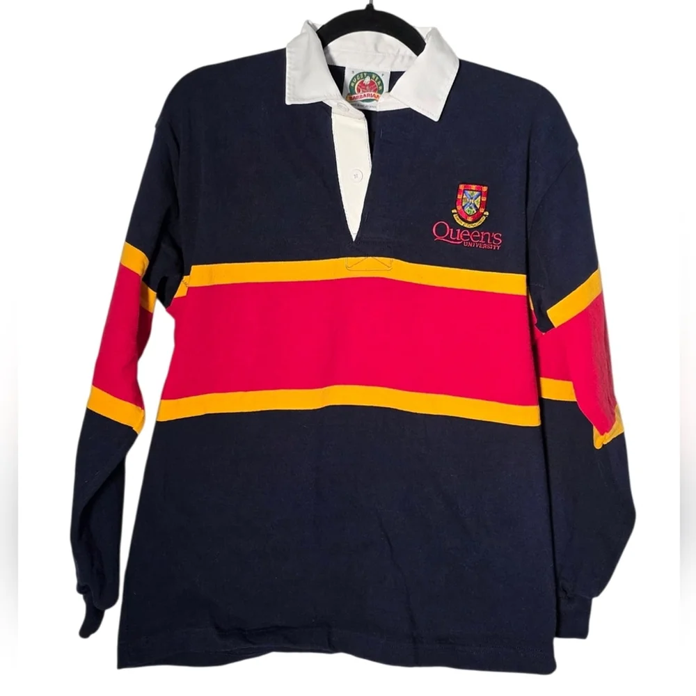 Barbarian Rugby Wear Queen’s University Rugby Shirt Small Navy Red Yellow Stripe - Picture 5 of 11